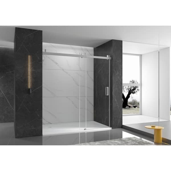 EPOWP 72 in. W x 76 in. H Single Sliding Frameless Shower Door in Brushed Finish with Clear Glass