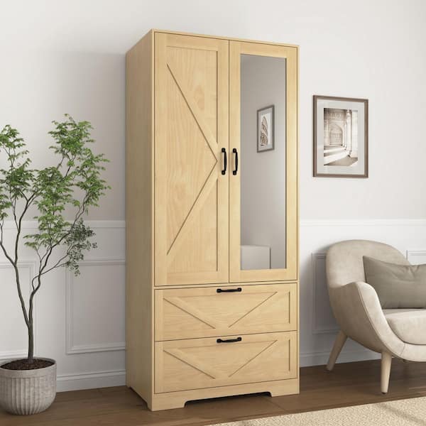 Natural Brown 2-Door Wood 31.5 in. Wardrobe with Drawers, Mirror and Adjustable Shelves