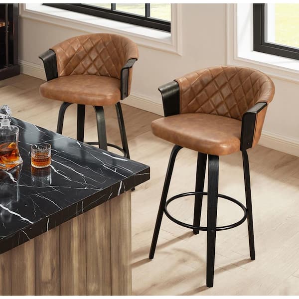 Art Leon Iya 30.51 in. Brown Faux Leather Swivel Counter Stools with Metal/Wood Frame and Metal Footrest (Set of 2)