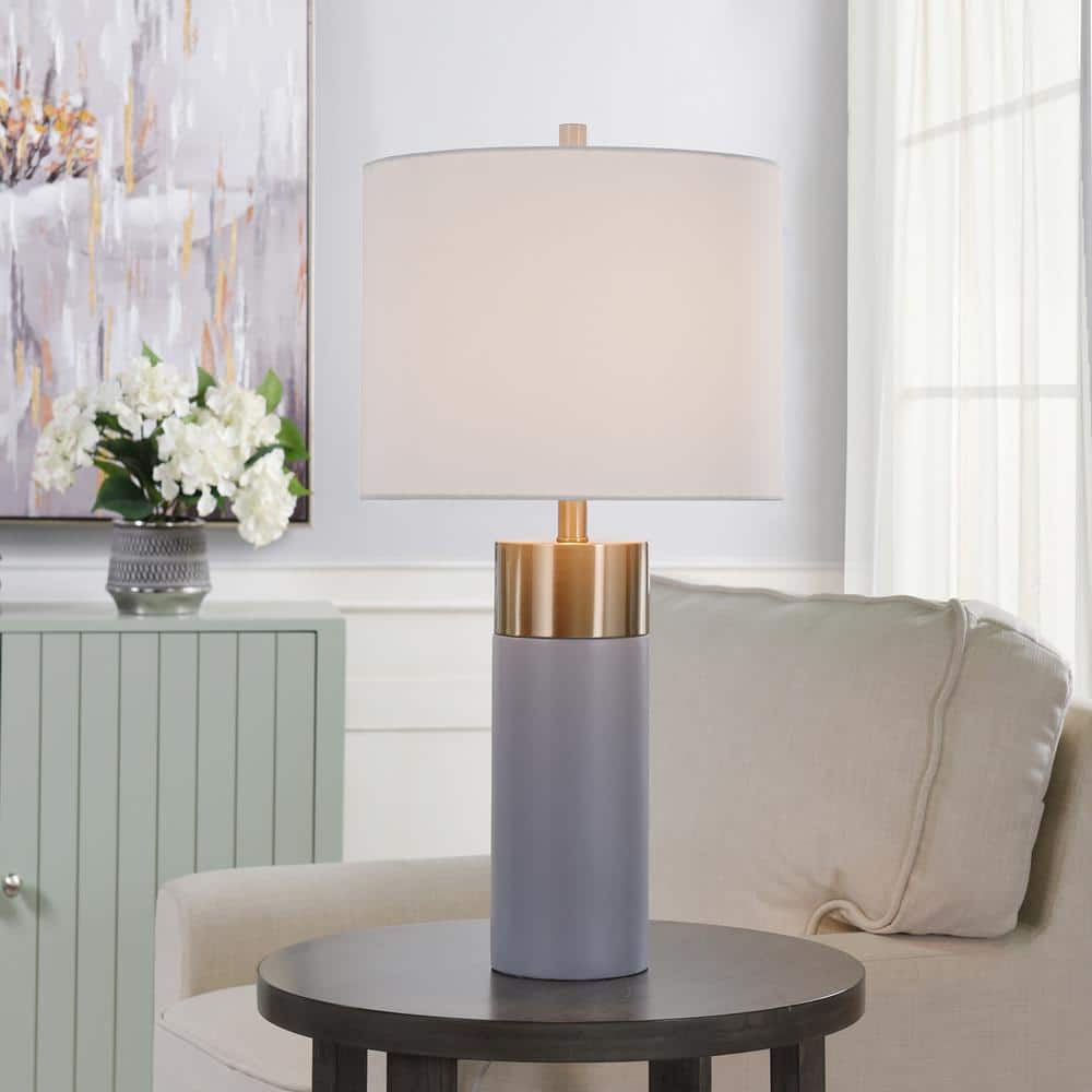 White Concrete and Brass Table Lamp with Drum Shade