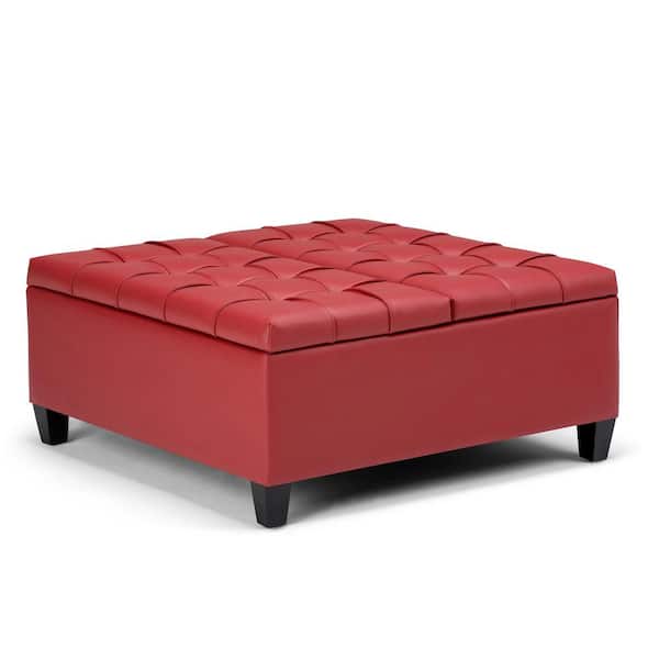Simpli Home Harrison 36 in. Wide Transitional Square Coffee Table Storage Ottoman in Crimson Red Faux Leather