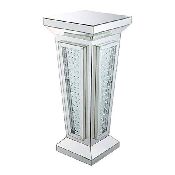 Benjara 36 in. H Silver Wood and Mirror Pedestal Stand with Faux Crystals