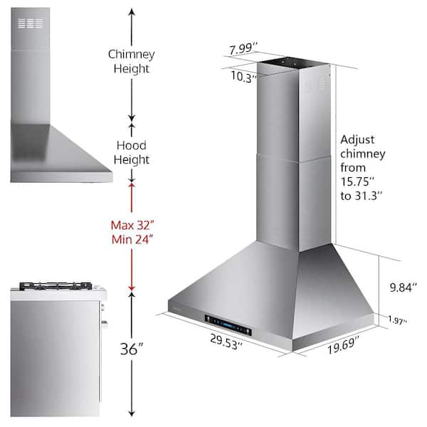 HisoHu 30/36 Inch Vent Wall Mount Range Hood 780 CFM Stainless