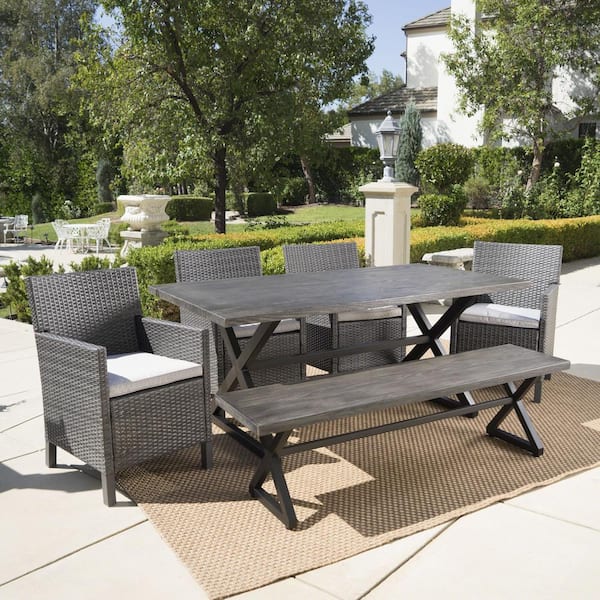 Noble House Aisha 29 in. Grey 6-Piece Metal Rectangular Outdoor Dining Set with Silver Cushions