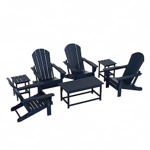 Laguna 7-Piece Fade Resistant Outdoor Patio HDPE Poly Plastic Folding Adirondack Chair Conversation Set in Navy Blue