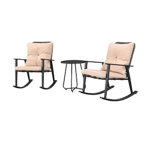 3-Piece Metal Wicker Patio Rocker Conversation Set with Khaki Cushions