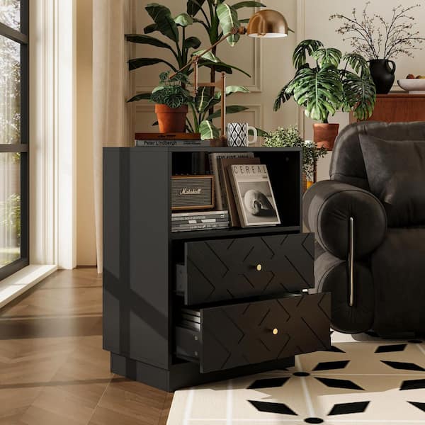 Modern 23.6 in. Black Rectangular Wood End Side Table with 2 Drawers, Open Shelf and Geometric Pattern for Living Room
