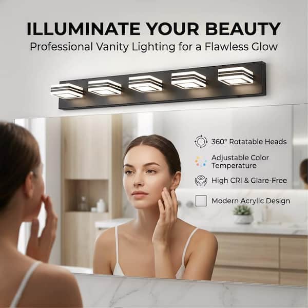 34 in. 5 Light Black Vanity Light Fixture Bathroom Over Mirror Wall Lights with Iron+Acrylic, Dimmable Energy-Efficient