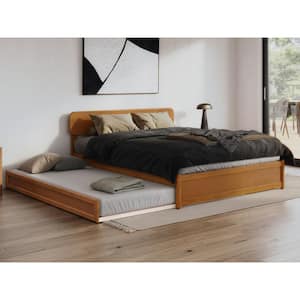Capri Light Toffee Natural Bronze Solid Wood Frame Queen Platform Bed with Panel Footboard and Twin XL Trundle