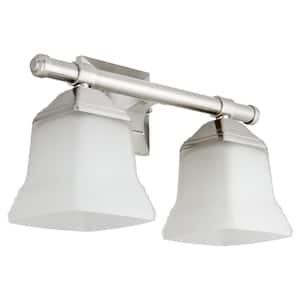 14 in. 2-Light Brushed Nickel Bath Vanity Light Fixture with Bell Shaped Frosted Glass Shade