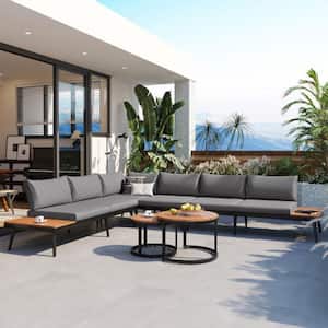 Black 6-Piece Metal Outdoor Sectional Set with Grey Cushions and Round Nesting Coffee Tables