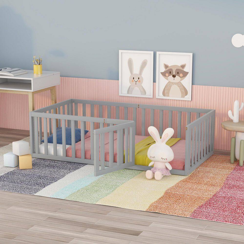 Gray Wood Frame Twin Platform Bed with Fence and Door