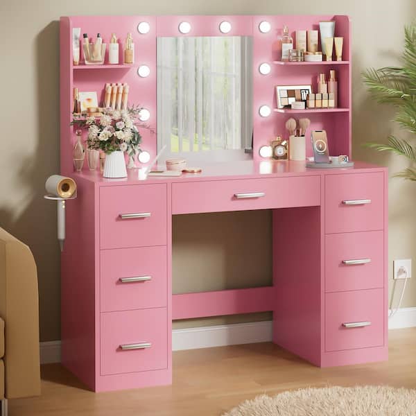 Makeup Vanity with Lights in 3-Colors, Vanity Desk with Large Mirror, Drawers and Shelves, Pink