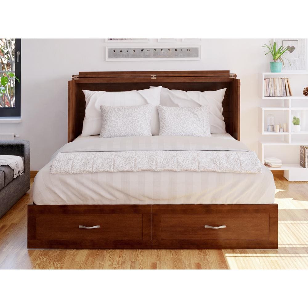 Hamilton Queen Walnut Wood Murphy Bed Chest with Drawer