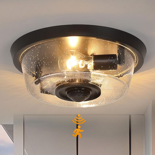 12.3 in. 2-Light Matte Black Outdoor Motion Sensing No Bulb Included Flush Mount Ceiling Light with Clear Seeded Glass