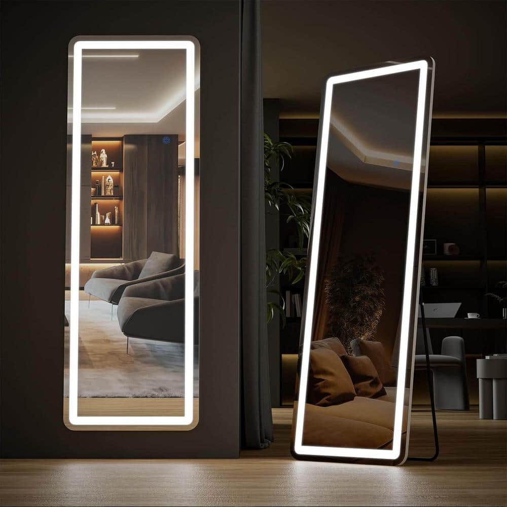 Black 21 in. W x 64 in. H Full Length Mirror with LED Lights, Free Standing