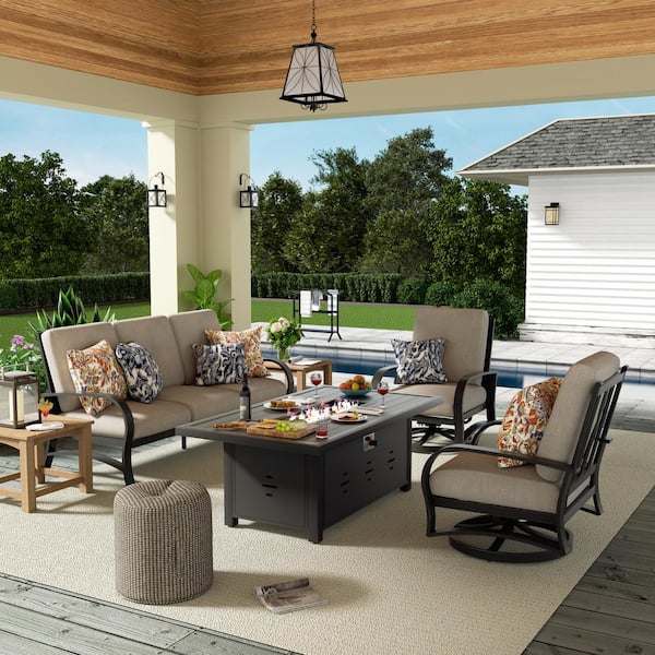 ULAX FURNITURE 4-Piece Aluminum Outdoor Conversation Set with Fire Pit Table, Swivel Lounge Chair