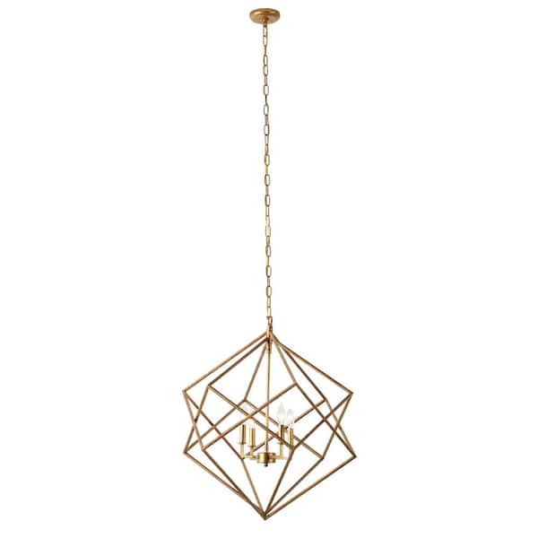 40-Watt Integrated LED Gold Metal Caged 4 Light Chandelier with Link Style Chain