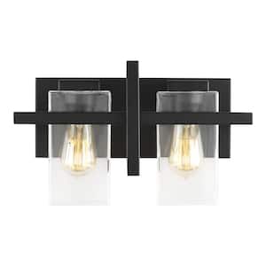 Mitte 15 in. 2-Light Matte Black Industrial Transitional Bathroom Vanity Light with Clear Glass Shade Panels