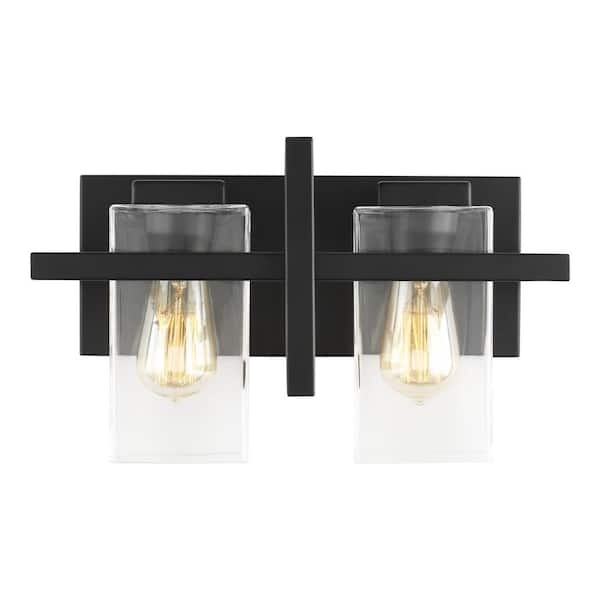Generation Lighting Mitte 15 in. 2-Light Matte Black Industrial Transitional Bathroom Vanity Light with Clear Glass Shade Panels