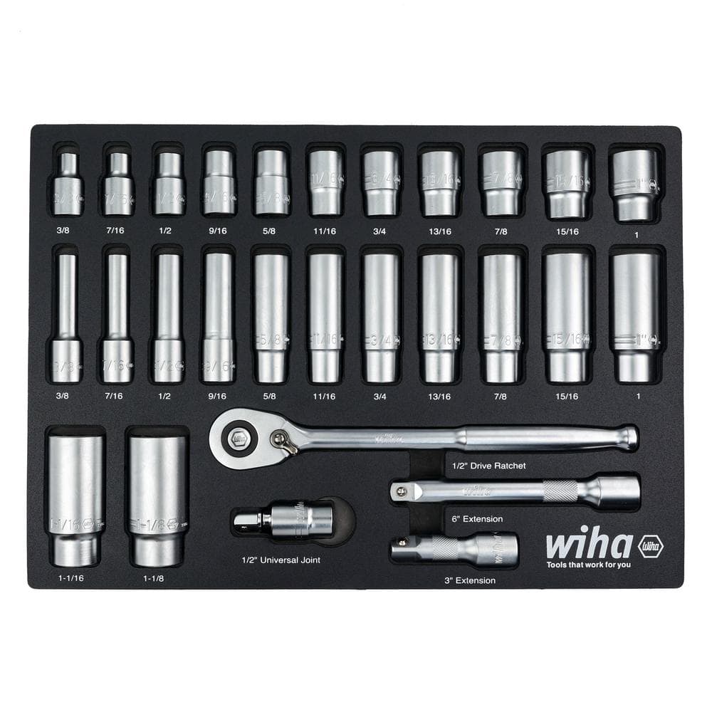 Wiha 1/2 in. Deep Socket Tray Set - SAE (28-Piece) Drive Professional ...