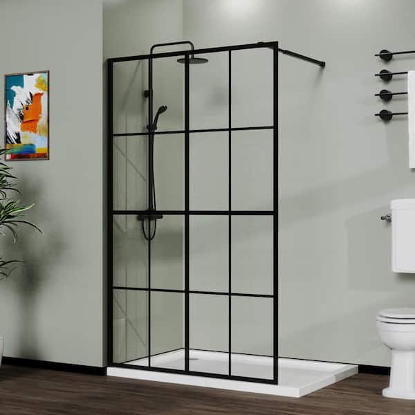 Unbranded 46 in. W x 72 in. H Single Fixed Framed Shower Door in Black Finish with Tempered Glass