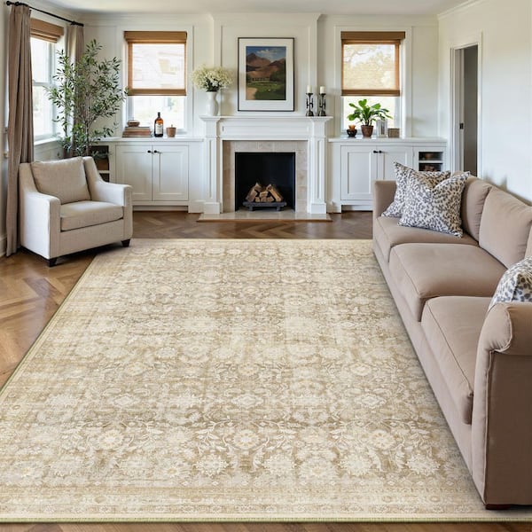 Solo 9 ft. X 12 ft. Beige Distressed Vintage Floral Area Rug