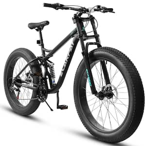 26 in. Wheels Mountain Bike Carbon Steel Frame Disc Brakes Thumb Shifter Front Fork Bicycles, Black