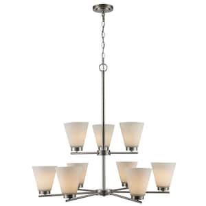 Fifer 9-Light Brushed Nickel Tiered Chandelier Light Fixture with Frosted Glass Shades