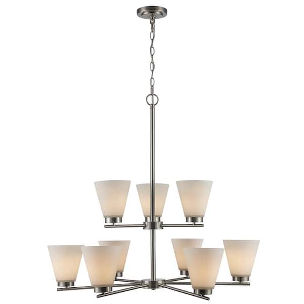 Bel Air Lighting Fifer 9-Light Brushed Nickel Tiered Chandelier Light Fixture with Frosted Glass Shades