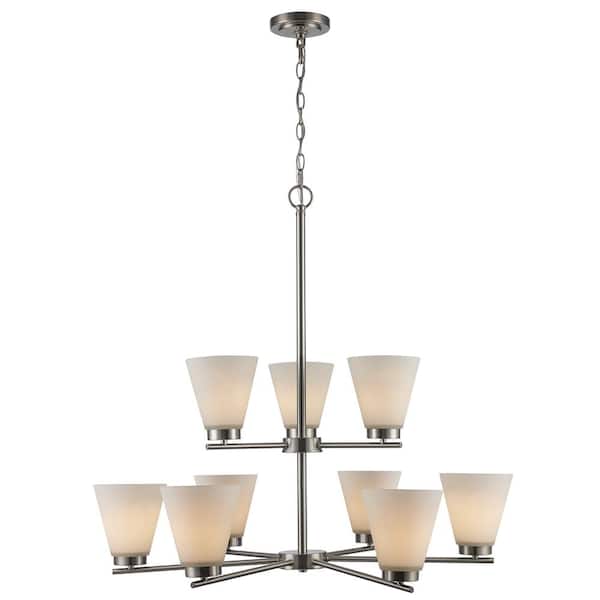 Fifer 9-Light Brushed Nickel Tiered Chandelier Light Fixture with Frosted Glass Shades