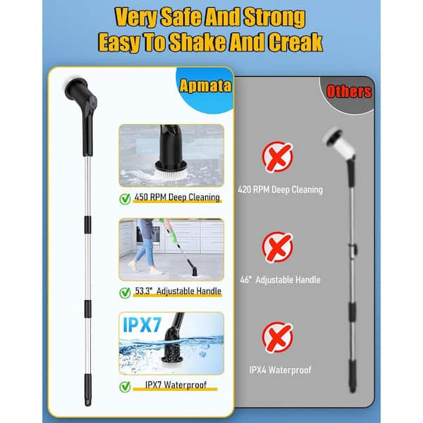 Unbranded - 53.3 in. Scrub Brush Adjustable Handle Electric Spin Shower Scrubber with 2 Spin Speeds and 3 Replaceable Cleaning Heads