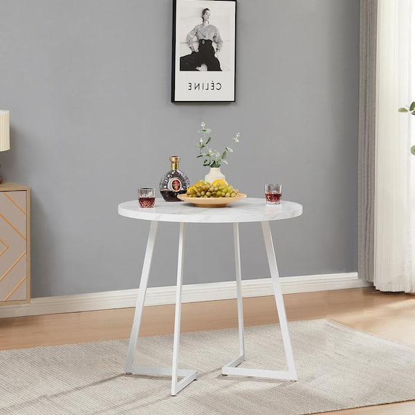 VECELO Round Dining Table with Wood Grain Top and Steel Frame, 4 Legs White Kithcen Table for Dining Room or Office, for 2 to 4