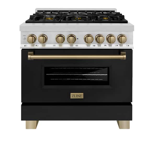 ZLINE Kitchen and Bath Autograph Edition 36 in. 6-Burner Dual Fuel Range in Stainless Steel with Matte Black Door and Champagne Bronze Accents