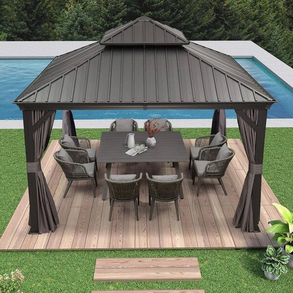 PURPLE LEAF 12 ft. x 12 ft. Gray Aluminum Hardtop Gazebo Canopy for Patio Deck Backyard Heavy-Duty with Netting and Curtains