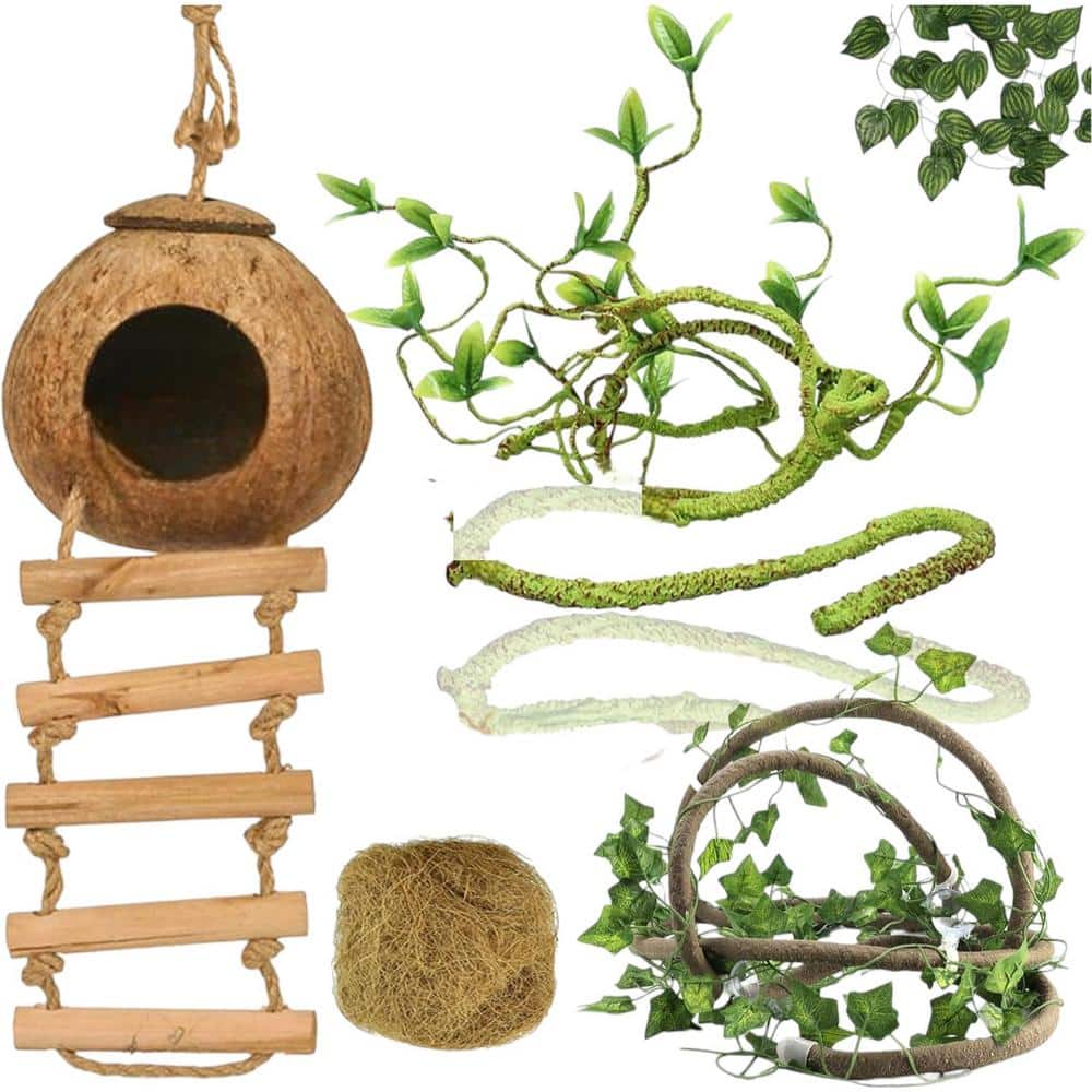 Misopily 15 in. Type 1 Reptile Vines and Plants Coconut Hut Shell with Ladder Hideout Cave Habitat Decor