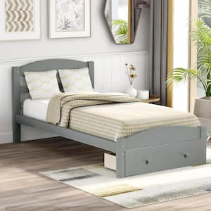 Twin Size Pine wood Platform Bed Frame with Storage Drawer and Slat Support, Gray