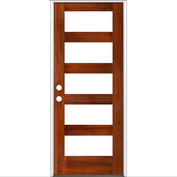 Krosswood Doors 32 in. x 80 in. Modern Hemlock Right-Hand/Inswing 5-Lite Clear Glass Red Chestnut Stain Wood Prehung Front Door