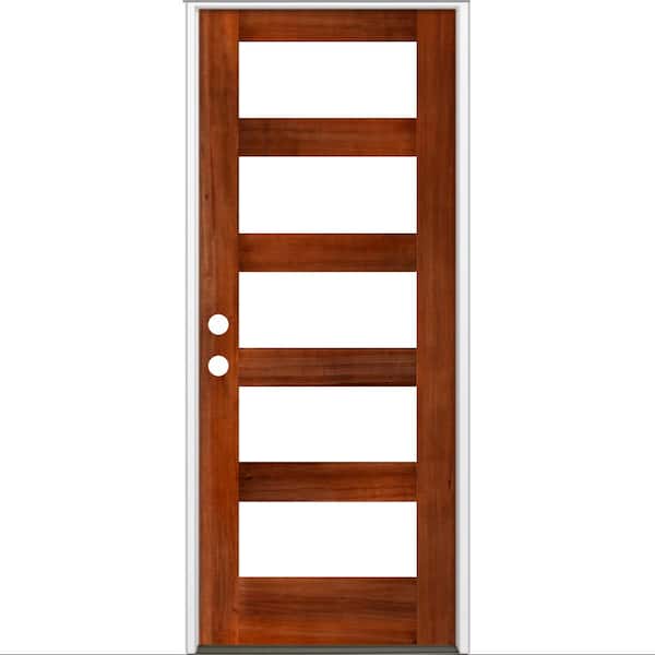 Krosswood Doors 36 in. x 80 in. Modern Hemlock Right-Hand/Inswing 5-Lite Clear Glass Red Chestnut Stain Wood Prehung Front Door