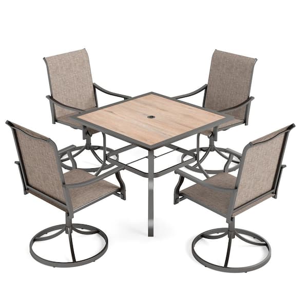 Black 5-Piece Metal Outdoor Patio Dining Set with Wood-Look Square Table and Textilene Swivel Chairs