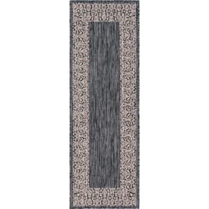 Outdoor Floral Border Charcoal Gray 2 ft. x 6 ft. Runner Rug