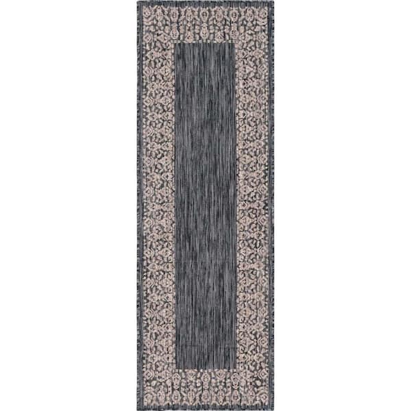 Unique Loom Outdoor Floral Border Charcoal Gray 2 ft. x 6 ft. Runner Rug