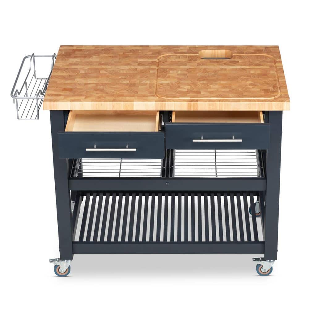 Midnight Navy Rubberwood Kitchen Cart with Butcher Block Top