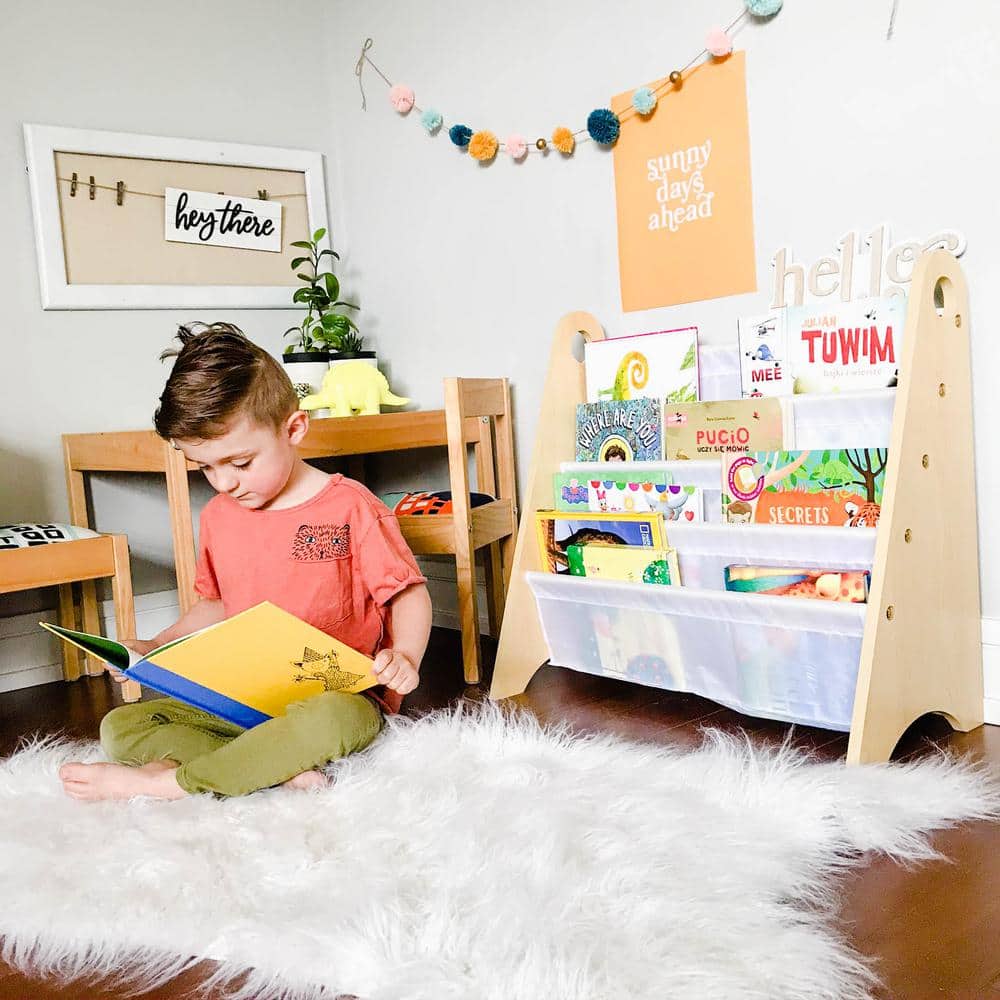 Compact White Modern Kids Sling Bookshelf with Durable Shelves