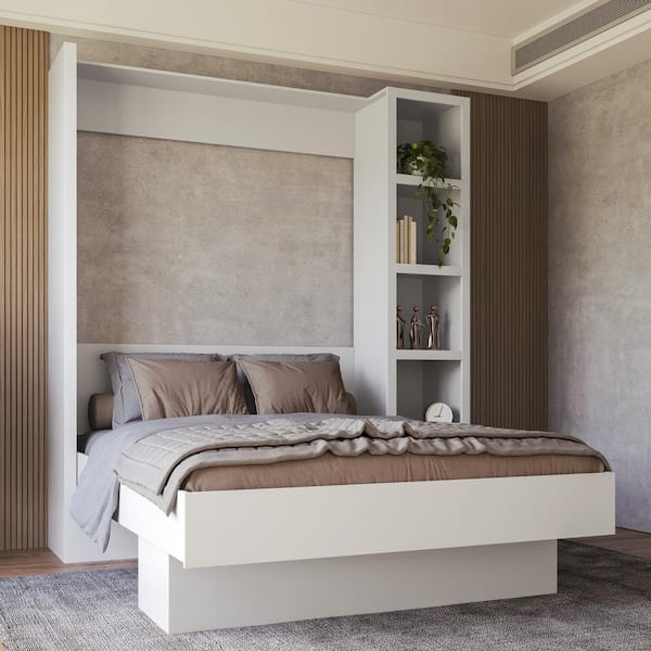 Easy-Lift White Wood Frame Queen Murphy Bed in White with Bookshelf