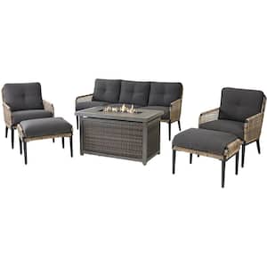 Pasadena 6-Piece Wicker Outdoor Patio Conversation Set with Gray Cushions, Ottomans and Firepit
