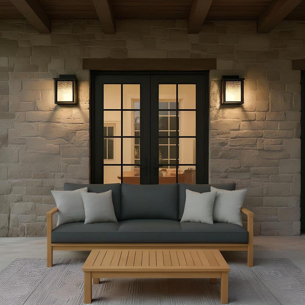 Audley 10 in. Textured Black with Distressed Seeded Glass Panels Outdoor Hardwired Lantern Sconce with Integrated LED price history on PriceWatchPro