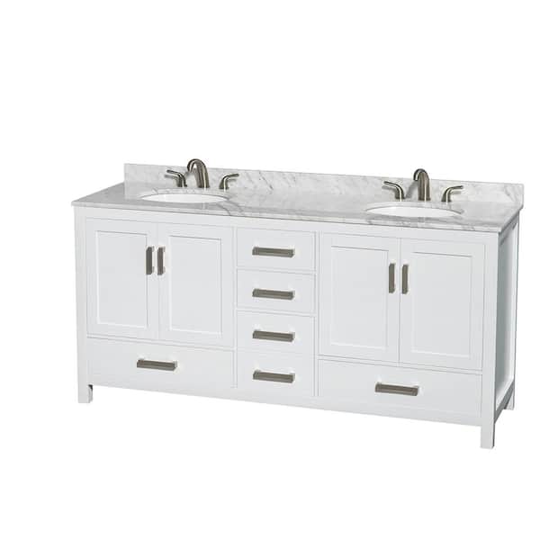 Wyndham Collection Sheffield 72 in. W x 22 in. D x 35 in. H Double Bath Vanity in White with White Carrara Marble Top