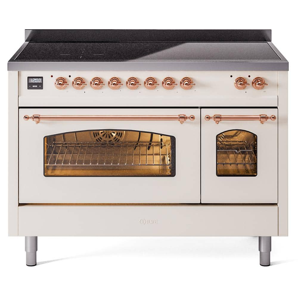 Nostalgie 48 in. 6 Zone Freestanding Double Oven Induction Range in Antique White with Copper Trim -  ILVE, UPI486NMPAWP