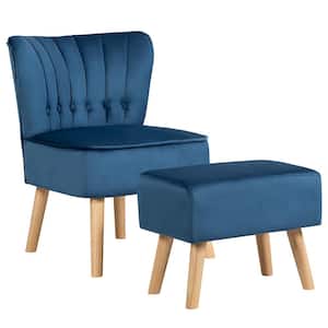 Blue Leisure Chair and Ottoman Thick Padded Button Tufted Sofa Set with Wood Legs